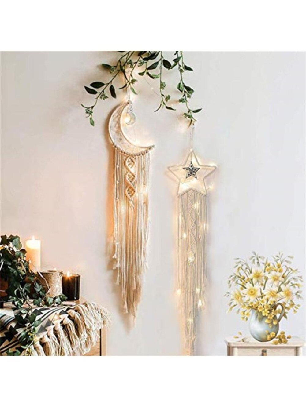 Moon Star Dream Catcher Decor, 2pcs Boho Home Moon Star Dreamcatcher, Macrame